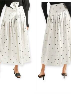 ULLA JOHNSON White Printed Midi Skirt with Bow Waist